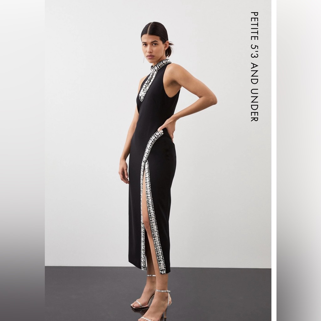 Crystal Embellished Woven Thigh Split Midi Dress